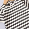 Ready For It Toddler Boy 2pcs Striped Short-sleeve Grey or Khaki T-shirt Top and Solid Shorts with Belt Set Dark Grey