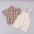 2pcs Toddler Boy Playful Lapel Collar Plaid Shirt and Pocket Design Overalls Set OffWhite