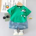 2pcs Toddler Boy Playful Bear Doll Pocket Design Tee and Ripped Denim Shorts Set Green image 1