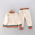 2pcs Toddler Boy Trendy Letter Terry Embroidered Striped Sweatshirt and Pants Set Beige image 4