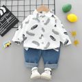 2pcs Toddler Boy Trendy Denim Jeans and Feather Print Lapel Collar Shirt Set White