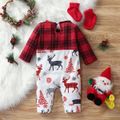 Christmas Reindeer Print Splicing Red Plaid Long-sleeve Baby Jumpsuit Red