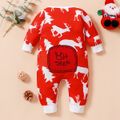 Christmas All Over Reindeer Print Red Baby Long-sleeve Jumpsuit Red