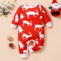 Christmas All Over Reindeer Print Red Baby Long-sleeve Jumpsuit Red