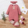 2pcs Lace Splicing Pink Baby Long-sleeve Bell Bottom Jumpsuit Set Dark Pink