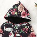 All Over Floral Print Black Long-sleeve Hooded Baby Thickened Fleece Lined Jumpsuit Black