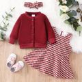 3-piece Baby Girl Button Design Red Bomber Jacket, Houndstooth Sleeveless Dress and Headband Set Red