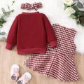 3-piece Baby Girl Button Design Red Bomber Jacket, Houndstooth Sleeveless Dress and Headband Set Red
