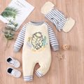 2pcs Baby Cartoon Elephant and Letter Embroidered Splicing Striped Long-sleeve Jumpsuit Set White
