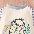 2pcs Baby Cartoon Elephant and Letter Embroidered Splicing Striped Long-sleeve Jumpsuit Set White