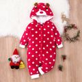 Baby Girl Christmas Deer Embroidered Antlers Design Polka dots Hooded Fuzzy Jumpsuit Red