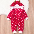 Baby Girl Christmas Deer Embroidered Antlers Design Polka dots Hooded Fuzzy Jumpsuit Red