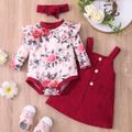 3pcs Baby Girl All Over Floral Print Long-sleeve Romper and Solid Corduroy Overall Dress Set Burgundy