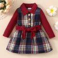Baby Girl Red Lapel Long-sleeve Belted Splicing Plaid Dress Red