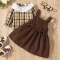 3pcs Baby Girl Ruffle Collar Plaid Long-sleeve Top and Brown Overall Dress Set Brown