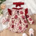 2pcs Baby Girl All Over Red Floral Print Frill Collar Long-sleeve Romper with Headband Set Red