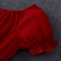 Kid Girl Ribbed Boho Floral Splice Belt Decor Puff-sleeve Red Dress Red