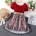 Kid Girl Ribbed Boho Floral Splice Belt Decor Puff-sleeve Red Dress Red