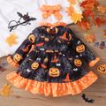 Halloween 2pcs Baby Girl Allover Pumpkin Print Spliced Polka Dot Mock Neck Long-sleeve Ruffle Trim Dress with Headband Set Black
