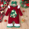 Christmas 2pcs Baby Girl Xmas Tree Embroidered Red Velvet Long-sleeve Spliced Ruffle Trim Jumpsuit with Headband Set Red