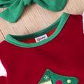 Christmas 2pcs Baby Girl Xmas Tree Embroidered Red Velvet Long-sleeve Spliced Ruffle Trim Jumpsuit with Headband Set Red