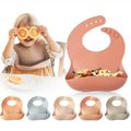 Silicone Baby Bibs with Large Capacity Food Catcher Pocket Waterproof Adjustable Portable Soft Foldable Toddler Bib Beige