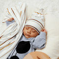 2-pack Stripe Print Newborn Swaddle Receiving Blanket Baby Sleeping Bag Swaddles Wrap Blanket and Beanie Hat Set Beige