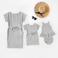 Grey and White Stripe Short-sleeve Matching Mini Dresses Light Grey
