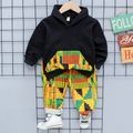 2-piece Toddler Girl/Boy Geo Plaid Pattern Pocket Design Hoodie and Pants Set Black image 1