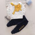2pcs Leopard Print Long-sleeve Pullover Top and Letter Print Sweatpants Casual Pants Black Toddler Set White