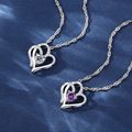 Women Rhinestones Double Heart Pendant Necklace Purple