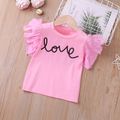 2pcs Toddler Girl Letter Print Mesh Flutter-sleeve Pink Tee and Heart Print Denim Shorts Set Pink