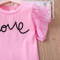 2pcs Toddler Girl Letter Print Mesh Flutter-sleeve Pink Tee and Heart Print Denim Shorts Set Pink