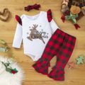 Christmas 3pcs Baby Leopard Reindeer Letter Print Long-sleeve Romper and Red Plaid Bell Bottom Pants Set White image 1