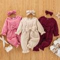 100% Cotton 2pcs Baby Solid Ribbed Long-sleeve Bowknot Ruffle Jumpsuit Set Pink image 1