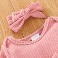 100% Cotton 2pcs Baby Solid Ribbed Long-sleeve Bowknot Ruffle Jumpsuit Set Pink image 2