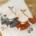 3-piece Baby Girl/Boy Surplice Neck Colorblock Long-sleeve Romper, Pants and Knotted Cap Set Khaki