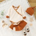 3-piece Baby Girl/Boy Surplice Neck Colorblock Long-sleeve Romper, Pants and Knotted Cap Set Khaki