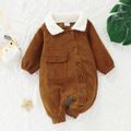 Baby Boy Fleece Lapel Collar Solid Corduroy Long-sleeve Jumpsuit Brown image 1