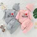 3pcs Baby Boy/Girl Love Heart Letter Print Solid Long-sleeve Romper and Trousers Set Pink image 1