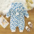 Baby Boy/Girl All Over Leopard Thickened Fleece Pom-pom Hooded Long-sleeve Jumpsuit Blue
