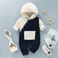 Baby Boy/Girl Fuzzy Fleece Long-sleeve Hooded Splicing Cable Knit Jumpsuit Dark Blue