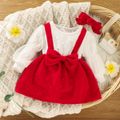 2pcs Baby Girl Love Heart Textured Long Puff Sleeve Faux-two Dress Set Red image 1