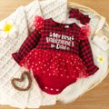 Valentine's Day 100% Cotton 2pcs Baby Girl Letter Print Red Plaid Long-sleeve Mesh Romper Set Red