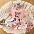 2pcs Baby Girl 95% Cotton Ribbed Puff-sleeve Letter Print Splicing Floral Print Layered Romper with Headband Set Pink image 1
