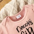 2pcs Baby Girl 95% Cotton Ribbed Puff-sleeve Letter Print Splicing Floral Print Layered Romper with Headband Set Pink image 3