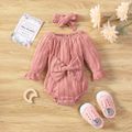 2pcs Baby Girl Solid Long-sleeve Bowknot Cable Knit Romper with Headband Set Pink