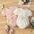 Baby Girl Puff-sleeve Floral Textured Bowknot Romper Pink image 2