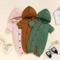 Baby Boy Solid Waffle Hooded Short-sleeve Button Up Jumpsuit with Pocket Pink image 1