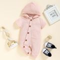 Baby Boy Solid Waffle Hooded Short-sleeve Button Up Jumpsuit with Pocket Pink image 2